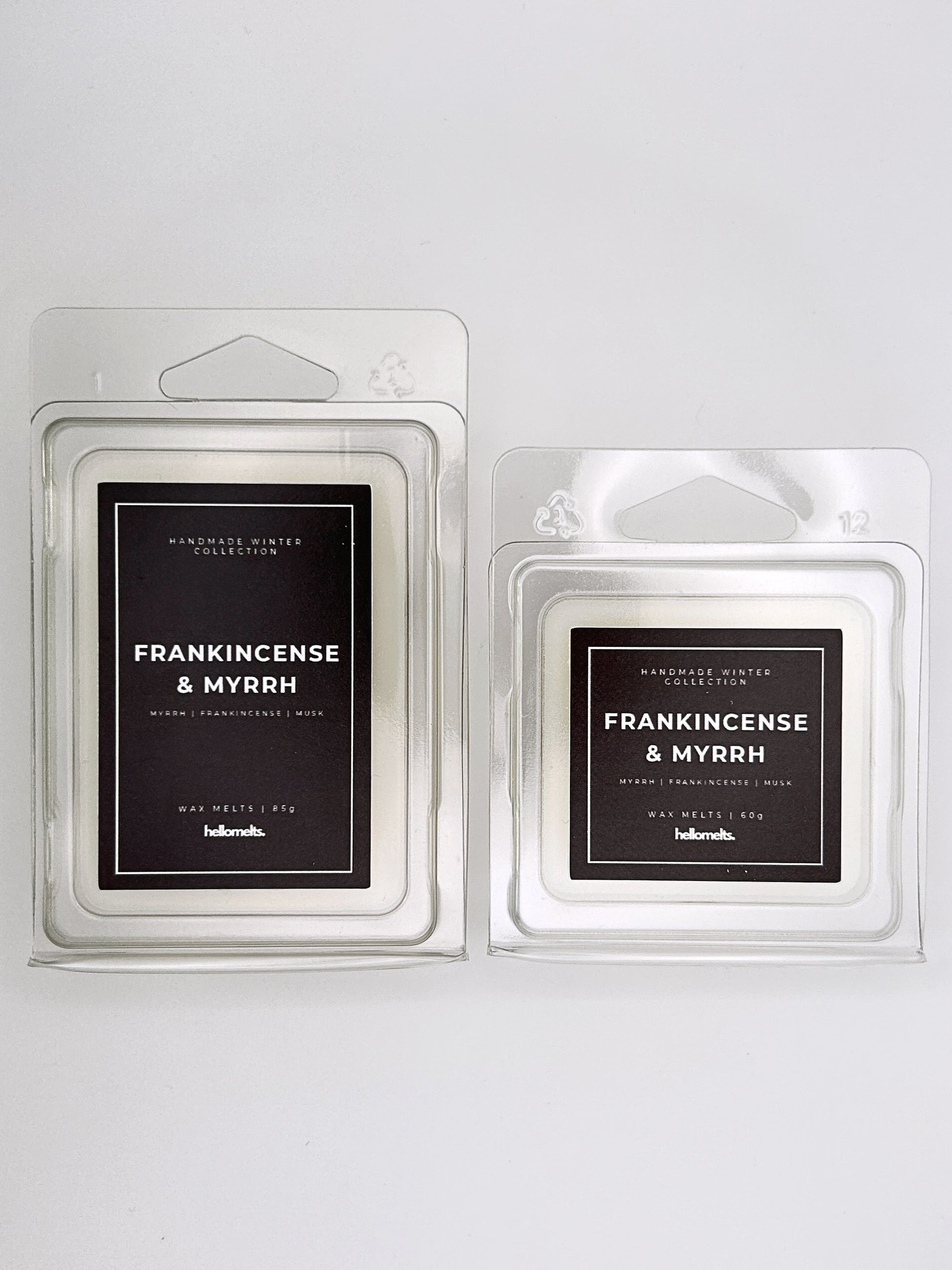 Frankincense & Myrrh wax melts 85g and 60g shown together as a size comparison in clamshell packaging from the Hellomelts Winter Collection