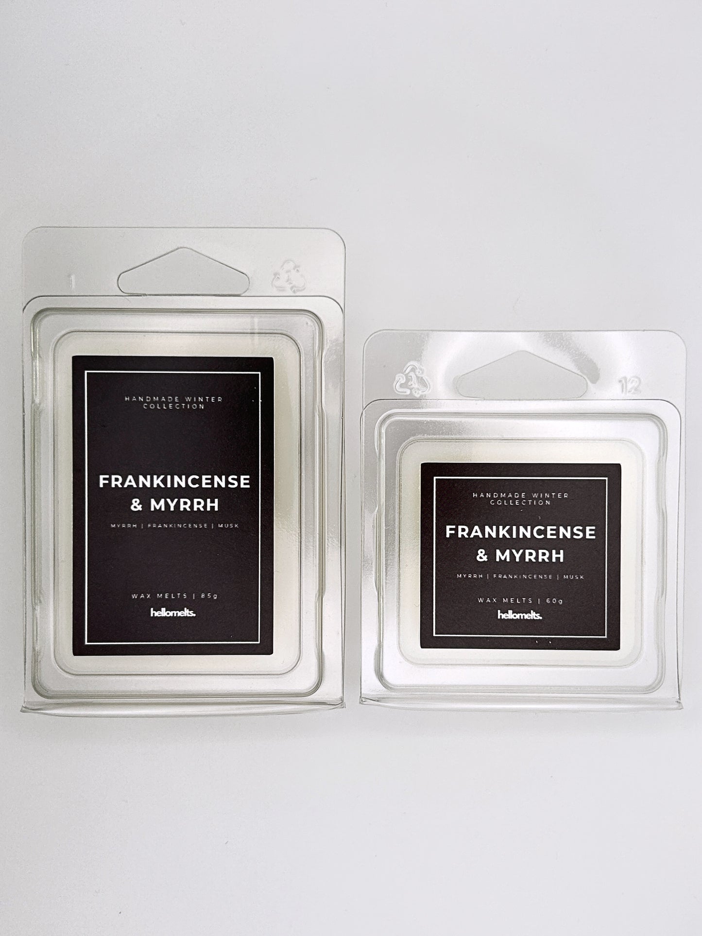 Frankincense & Myrrh wax melts 85g and 60g shown together as a size comparison in clamshell packaging from the Hellomelts Winter Collection