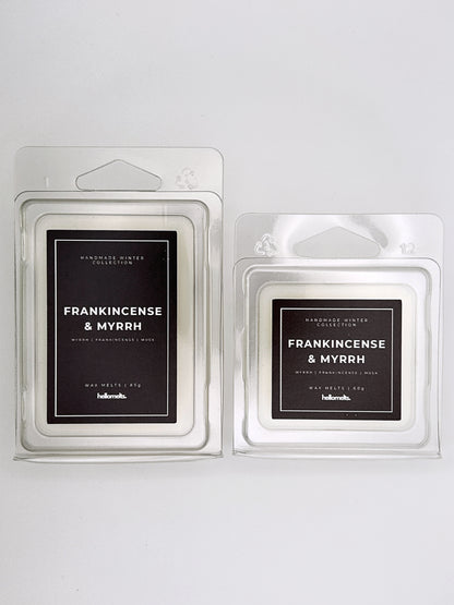 Frankincense & Myrrh wax melts 85g and 60g shown together as a size comparison in clamshell packaging from the Hellomelts Winter Collection