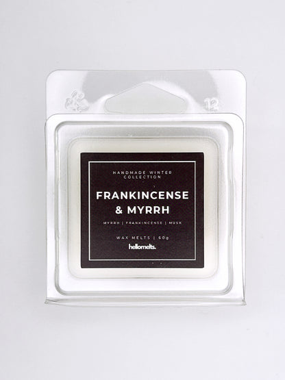Frankincense & Myrrh 60g wax melt label close-up on the clamshell packaging from the Hellomelts Winter Collection