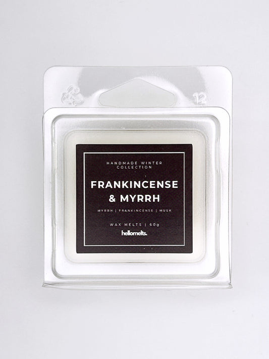 Frankincense & Myrrh 60g wax melt label close-up on the clamshell packaging from the Hellomelts Winter Collection