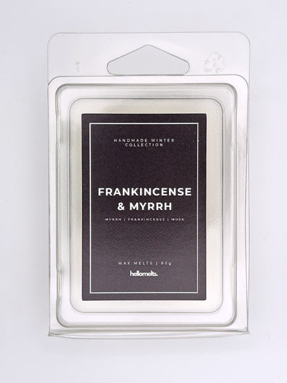 Frankincense & Myrrh 85g wax melt label close-up on the clamshell packaging from the Hellomelts Winter Collection