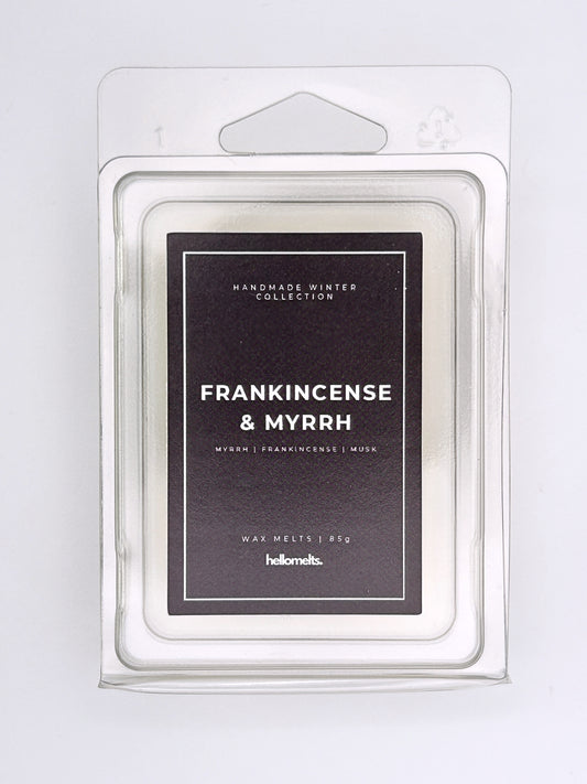 Frankincense & Myrrh 85g wax melt label close-up on the clamshell packaging from the Hellomelts Winter Collection