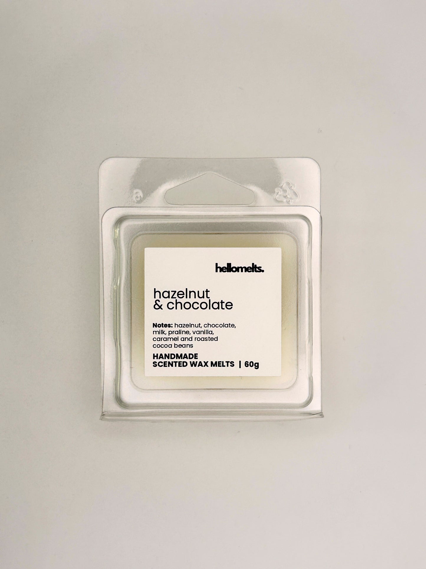 Front view of Hazelnut & Chocolate 60g wax melt in clear clamshell packaging from the Hellomelts Autumn Collection