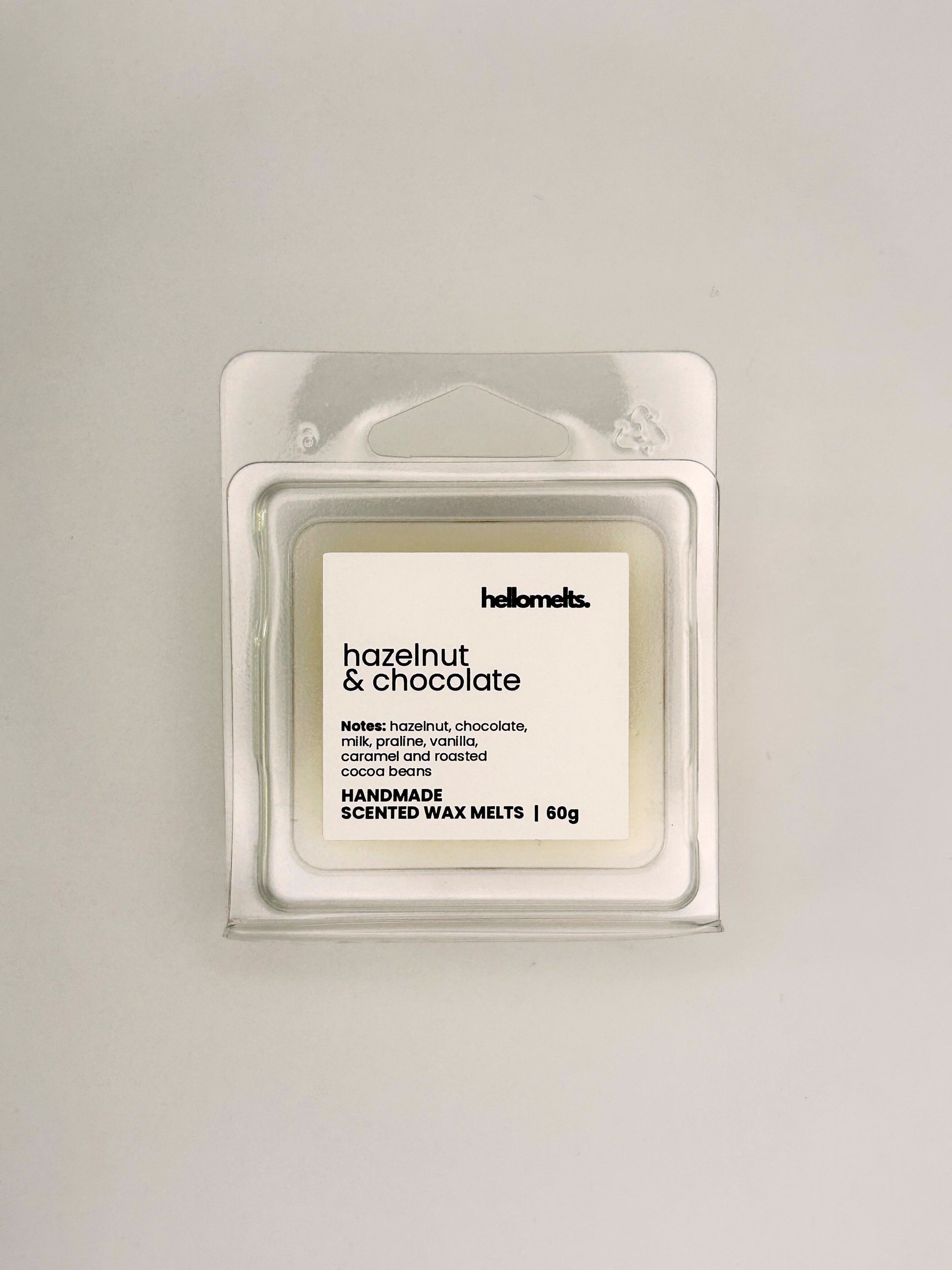 Front view of Hazelnut & Chocolate 60g wax melt in clear clamshell packaging from the Hellomelts Autumn Collection