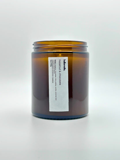 Front view of Hazelnut & Chocolate autumn scented candle by Hellomelts with the lid off, part of the Autumn Collection