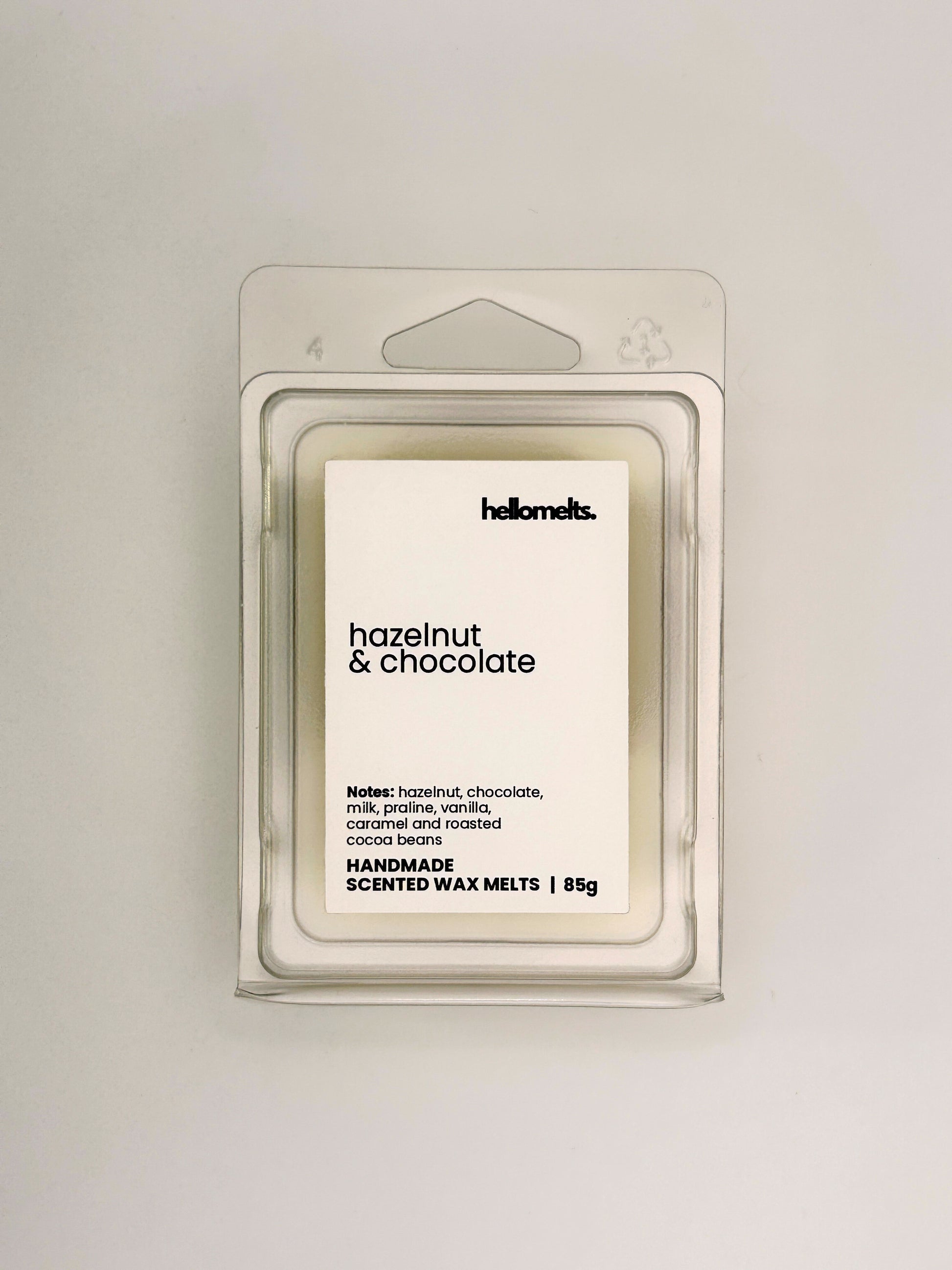 Front view of Hazelnut & Chocolate 85g wax melt in clear clamshell packaging from the Hellomelts Autumn Collection