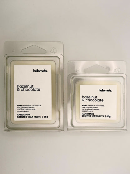 Hazelnut & Chocolate wax melts in 60g and 85g clamshells shown side by side from the Hellomelts Autumn Collection
