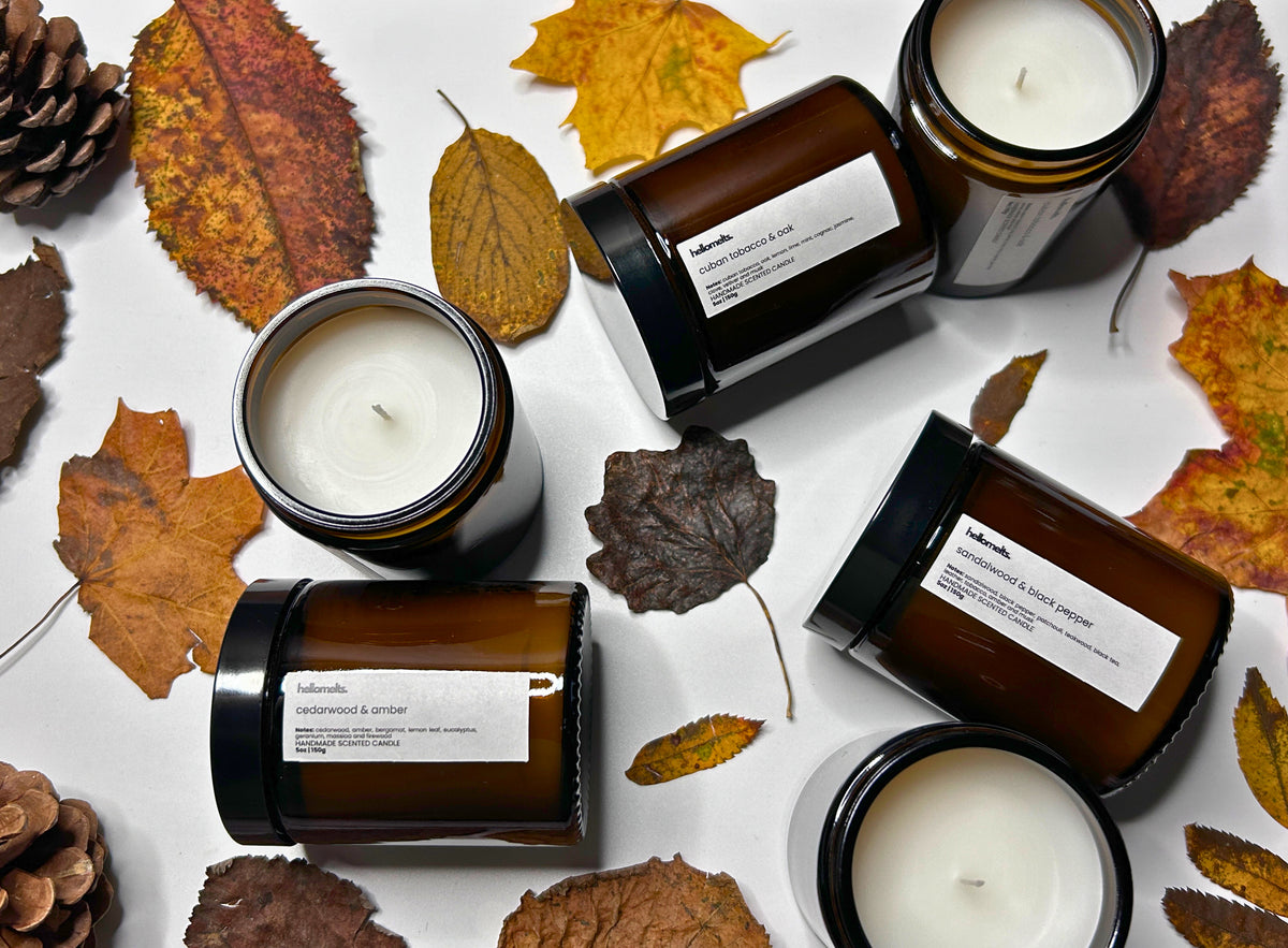 Hellomelts autumn candles with autumn leaves and pinecones on a white background