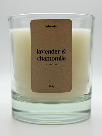 Close-up of the Lavender & Chamomile candle label showing scent name and weight, a handcrafted candle by Hellomelts for the Spring Collection.