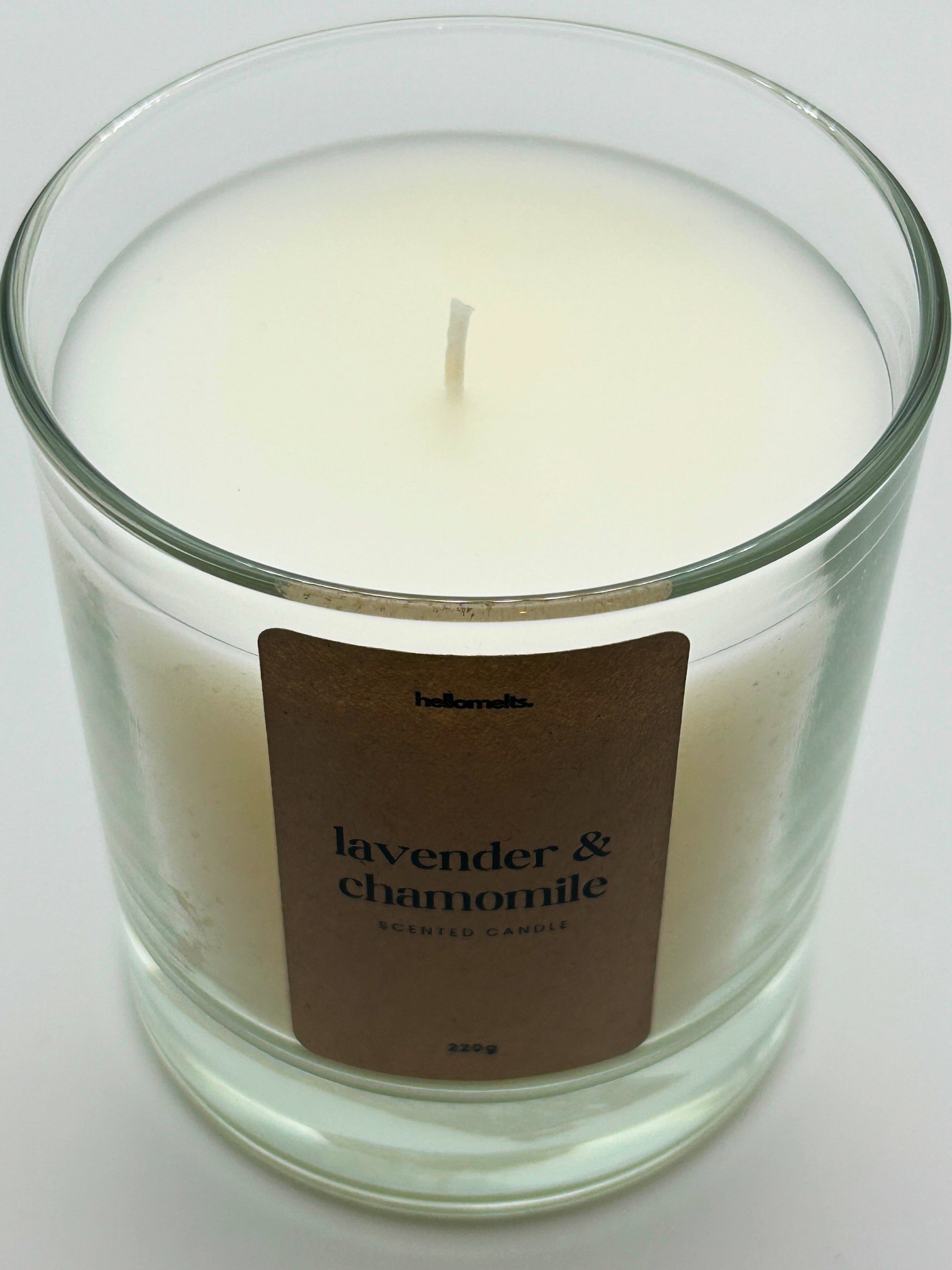 Close-up detail of the Lavender & Chamomile candle wax and wick, highlighting the clean white wax used in Hellomelts' Spring Collection.