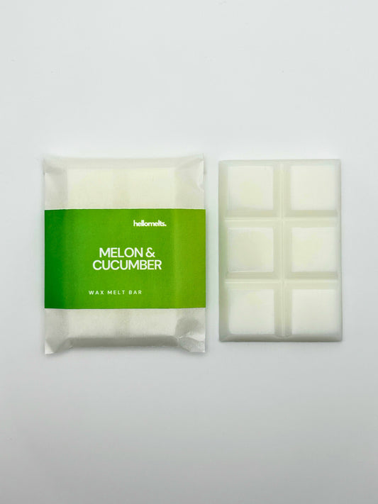 Melon & Cucumber 30g wax melt bar by Hellomelts, shown unwrapped beside the six-bar segmented wax melt.