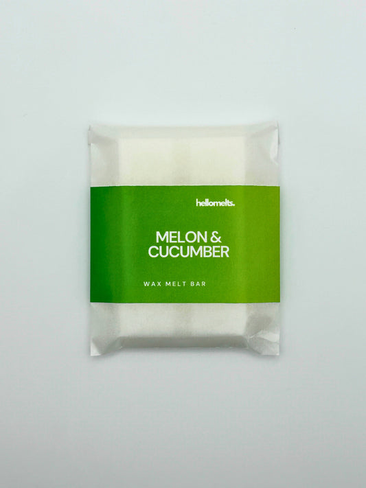 Flatlay top-down view of the Melon & Cucumber 30g wax melt bar by Hellomelts from the Summer Collection.