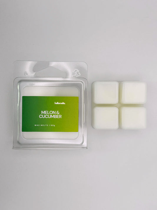 Melon & Cucumber 60g wax melt bar by Hellomelts pictured beside its clamshell packaging, part of the Summer Collection