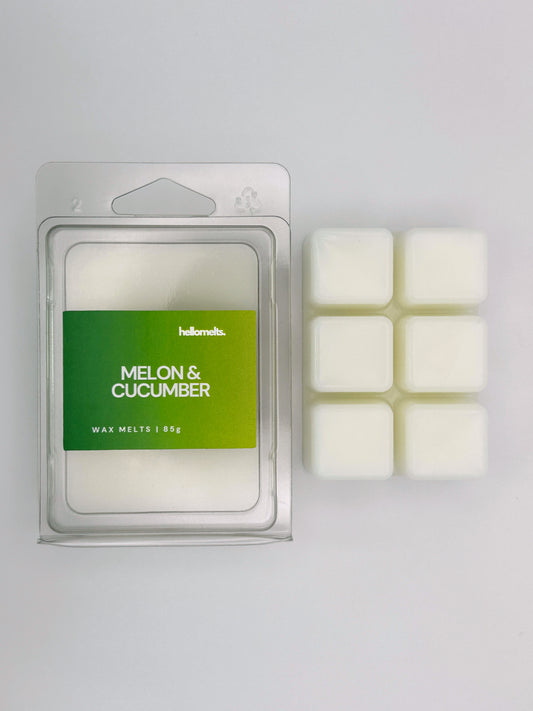 Melon & Cucumber 85g wax melt bar by Hellomelts shown beside its clamshell packaging, part of the Summer Collection
