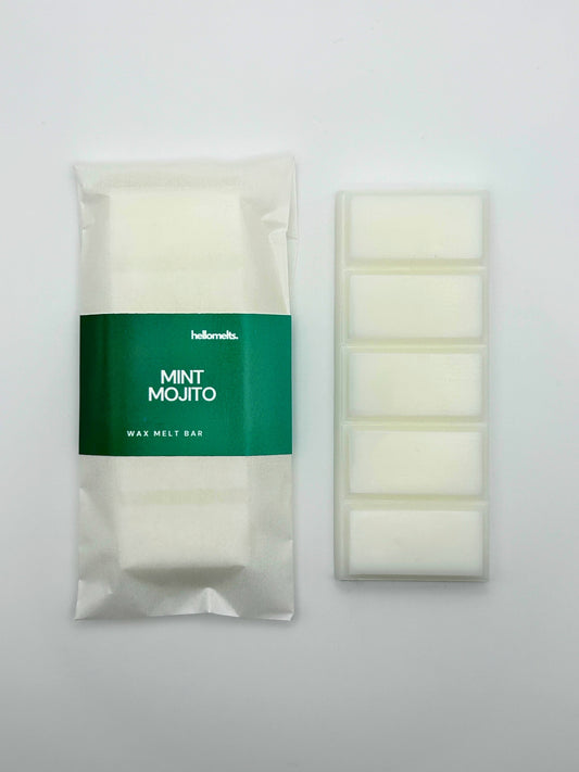 Mint Mojito 50g wax melt bar by Hellomelts, shown unwrapped beside the five-bar segmented wax melt.