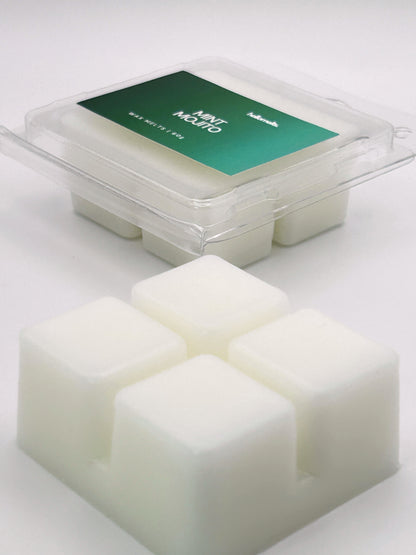 Angled shot of Mint Mojito 60g wax melt bar in front of its packaging, part of the Summer Collection by Hellomelts