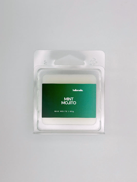 Flatlay of Mint Mojito 60g wax melt bar by Hellomelts, showcasing the 4-cube design and vibrant summer colours