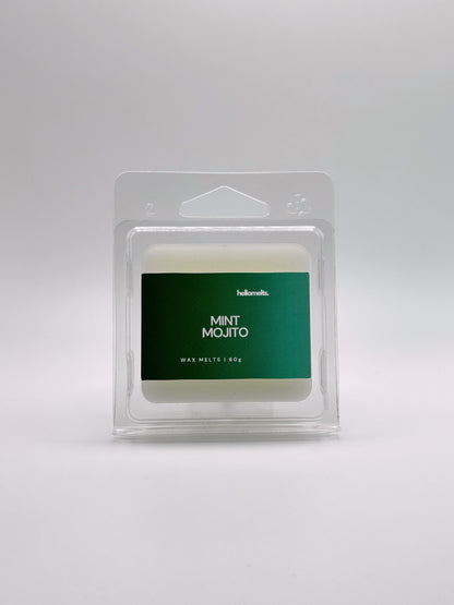 Front-facing view of Hellomelts Mint Mojito 60g wax melt bar from the Summer Collection, featuring bold green label and compact clamshell packaging