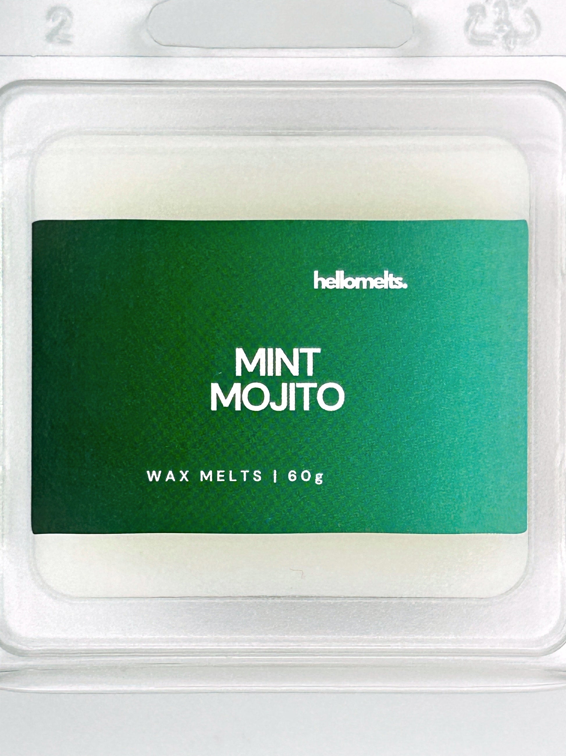 Close-up of the Mint Mojito 60g wax melt label by Hellomelts, highlighting crisp branding and vibrant summer colours 