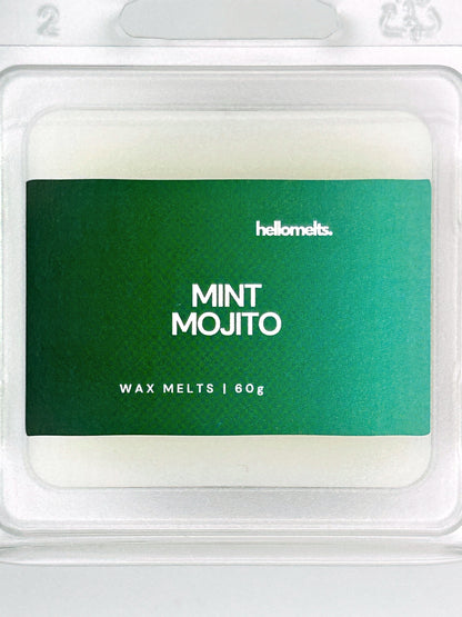 Close-up of the Mint Mojito 60g wax melt label by Hellomelts, highlighting crisp branding and vibrant summer colours 