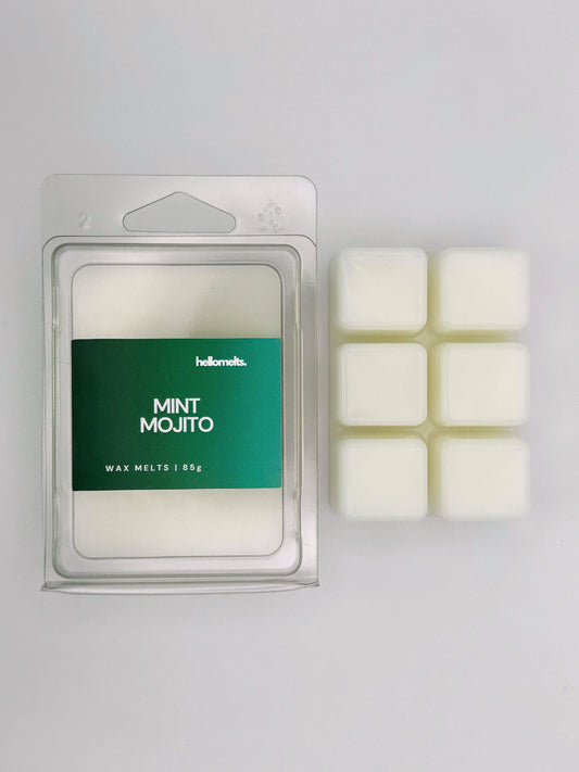 Mint Mojito 85g wax melt bar by Hellomelts pictured beside its clamshell packaging, part of the Summer Collection