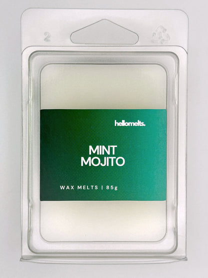 Close-up front view of Mint Mojito 85g wax melt bar by Hellomelts, showing wax texture and bold green summer label