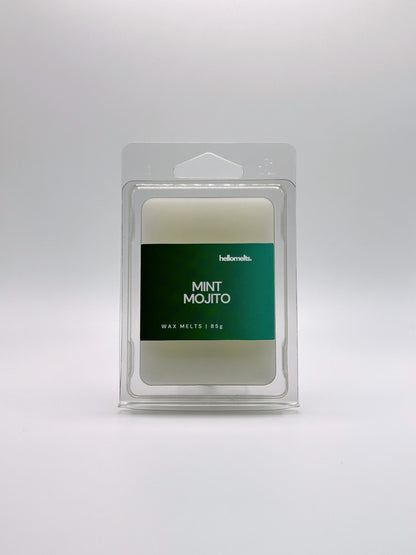 Front-facing view of Hellomelts Mint Mojito 85g wax melt bar from the Summer Collection, featuring vibrant green label with a fresh cocktail theme