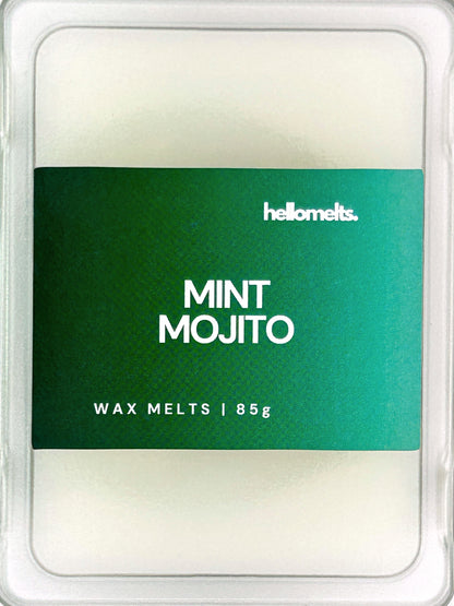 Close-up of the Mint Mojito 85g wax melt label, showing detailed Hellomelts branding and mojito-inspired summer design