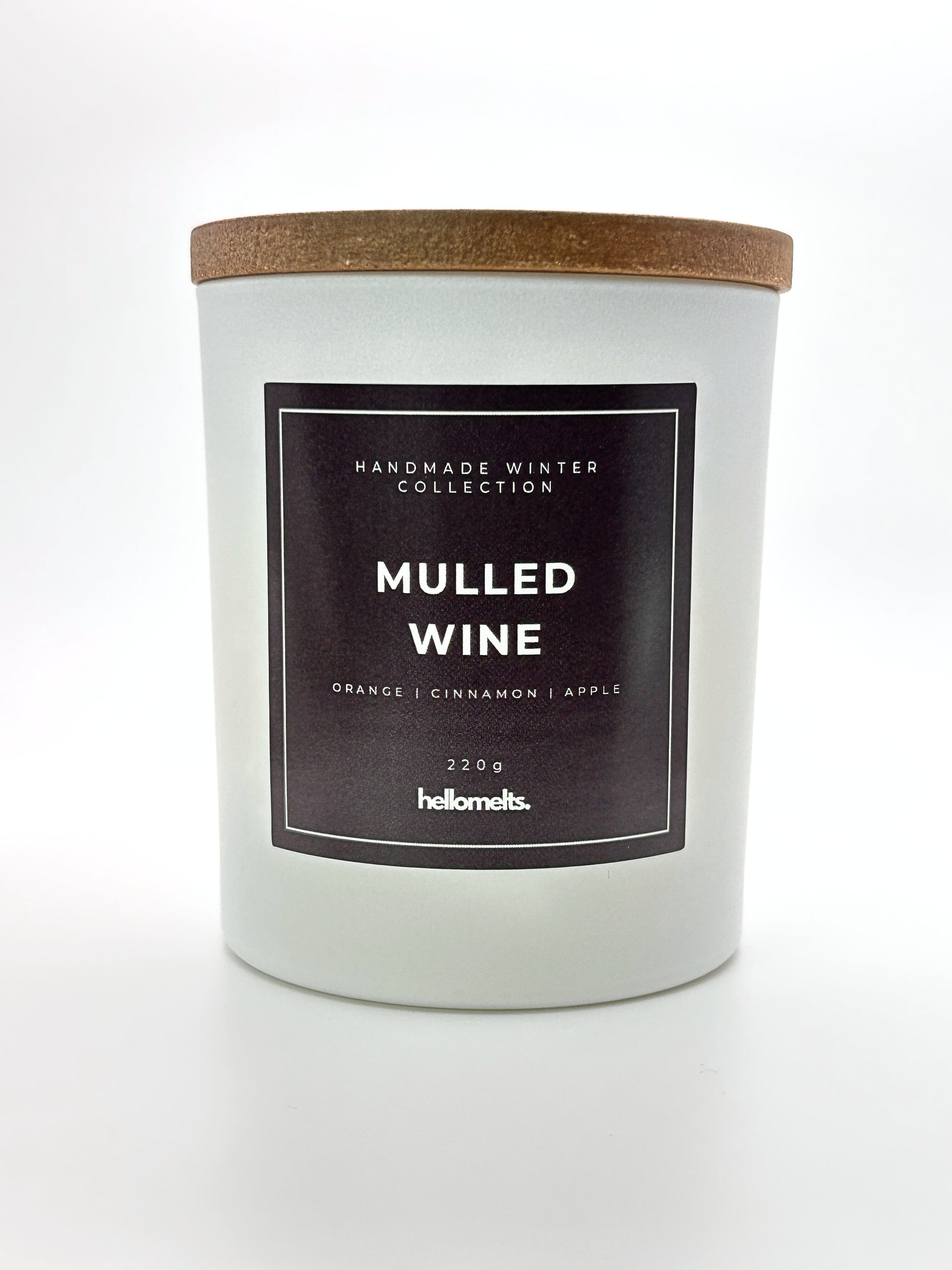 Mulled Wine 220g candle front-facing studio shot with wooden lid on, part of the Hellomelts Winter Collection