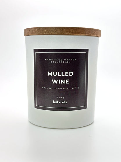 Mulled Wine 220g candle front-facing studio shot with wooden lid on, part of the Hellomelts Winter Collection