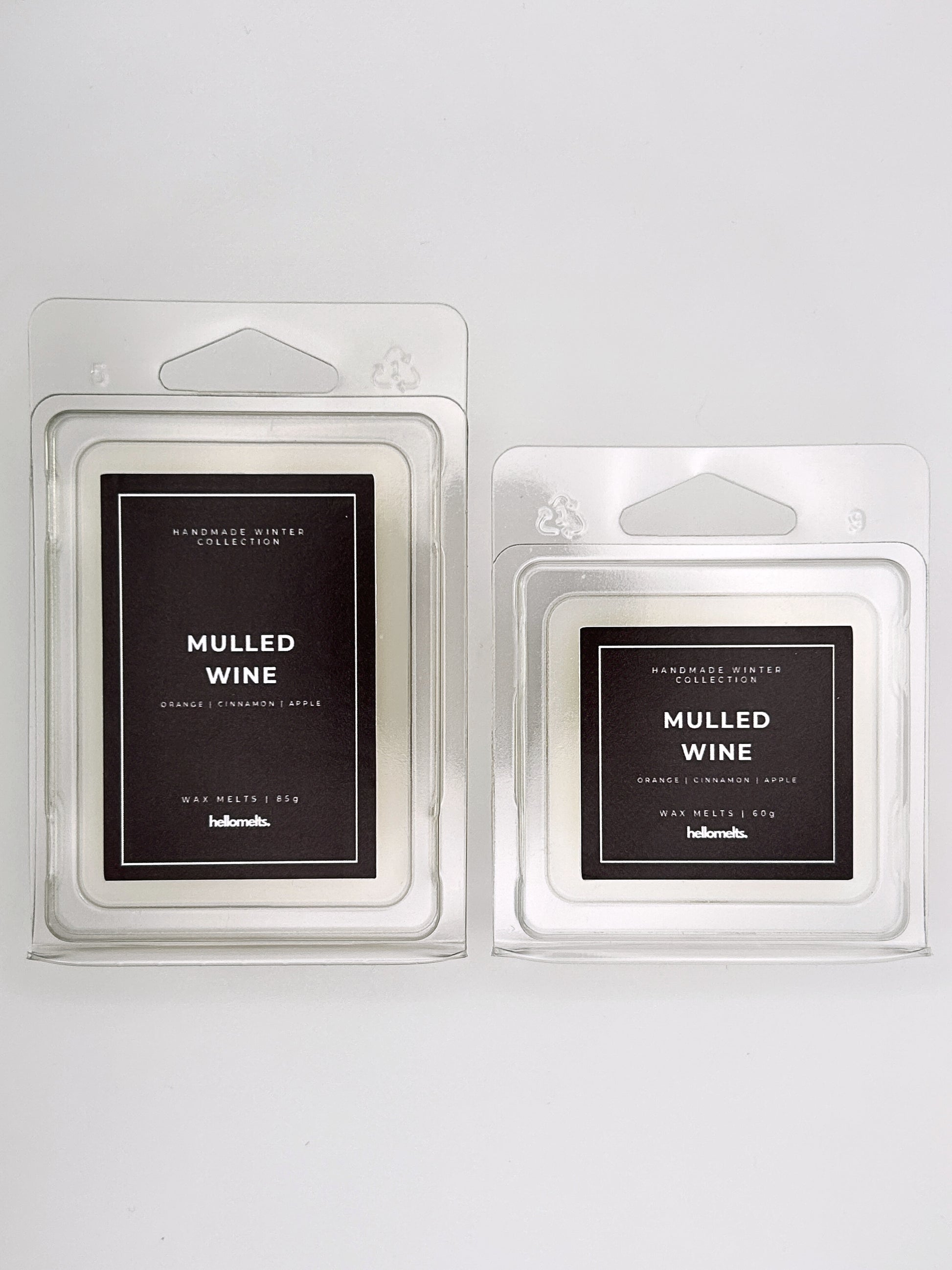 Mulled Wine wax melts 85g and 60g shown together as a size comparison in clamshell packaging from the Hellomelts Winter Collection