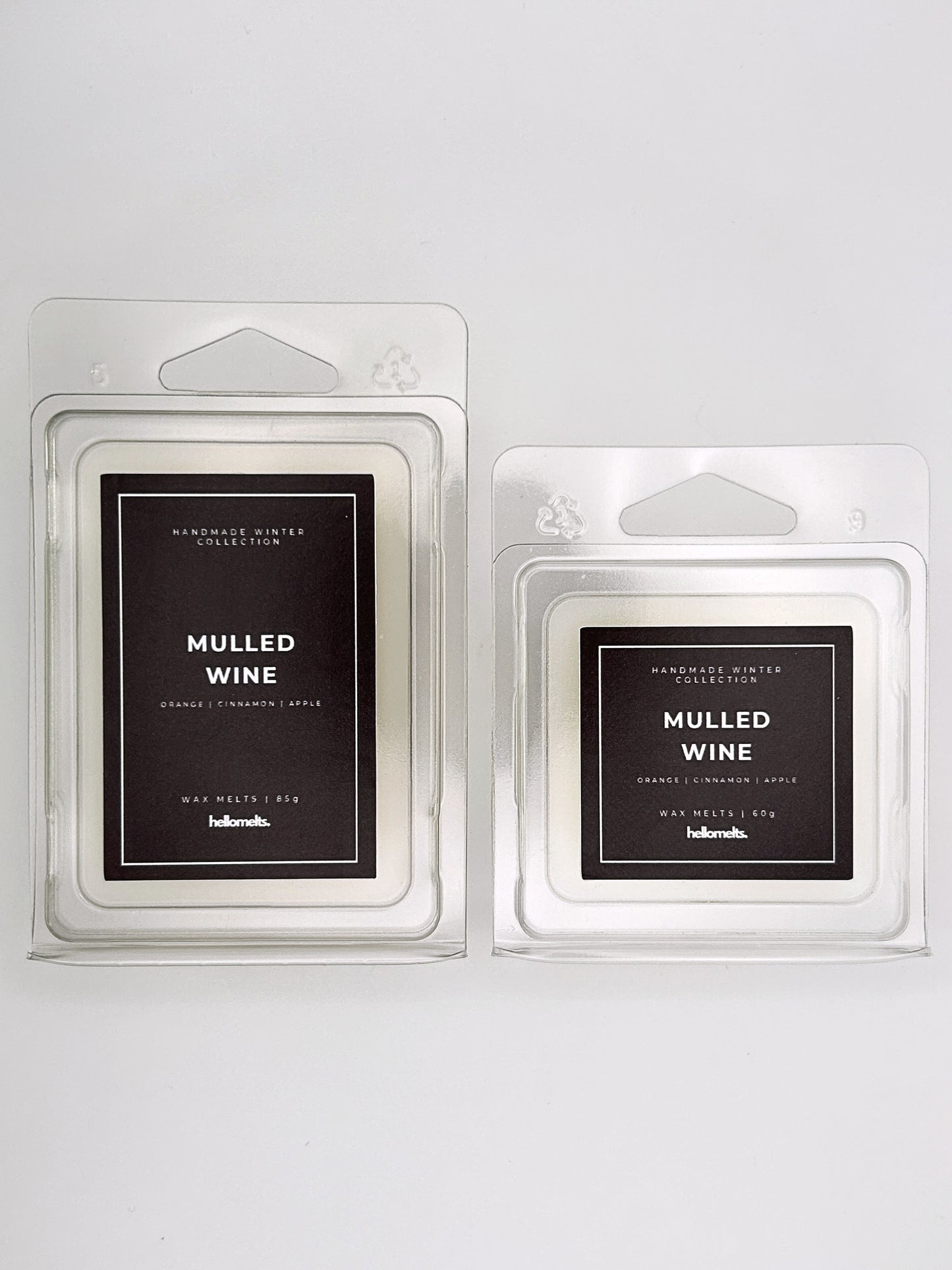 Mulled Wine wax melts 85g and 60g shown together as a size comparison in clamshell packaging from the Hellomelts Winter Collection