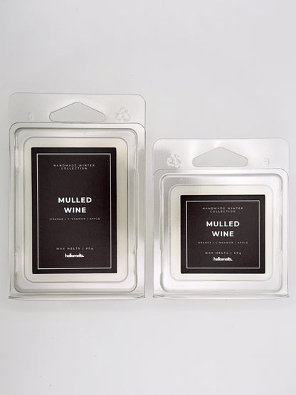 Mulled Wine wax melts 85g and 60g shown together as a size comparison in clamshell packaging from the Hellomelts Winter Collection