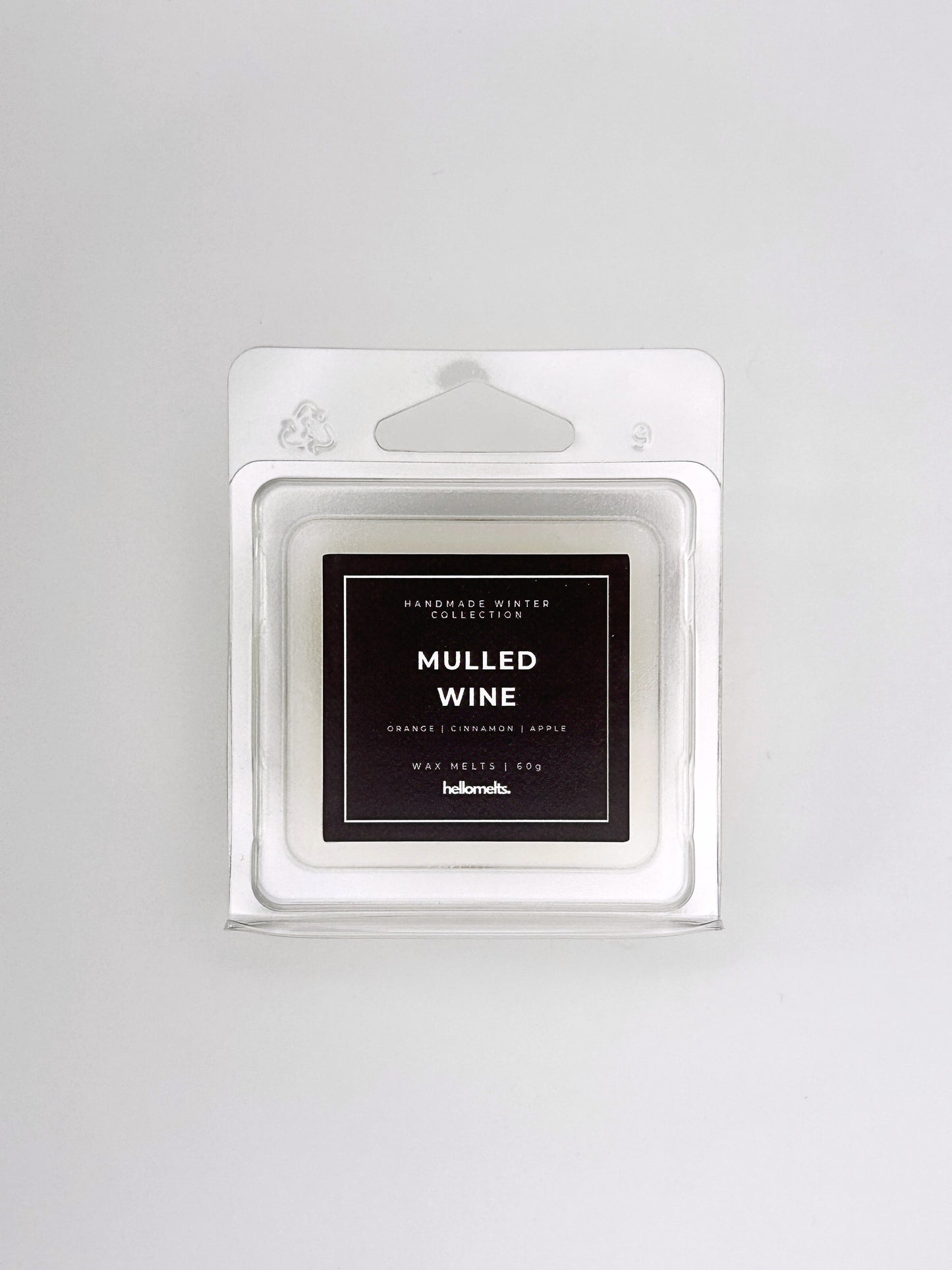 Mulled Wine 60g wax melt front-facing studio shot showing the clamshell packaging from the Hellomelts Winter Collection