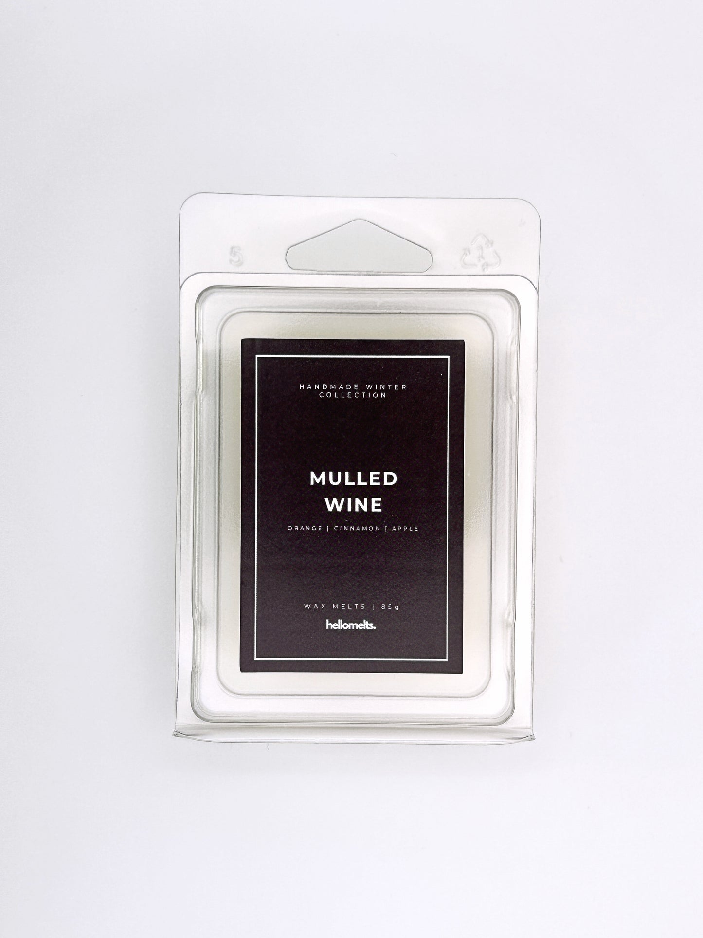 Mulled Wine 85g wax melt front-facing studio shot showing the clamshell packaging from the Hellomelts Winter Collection