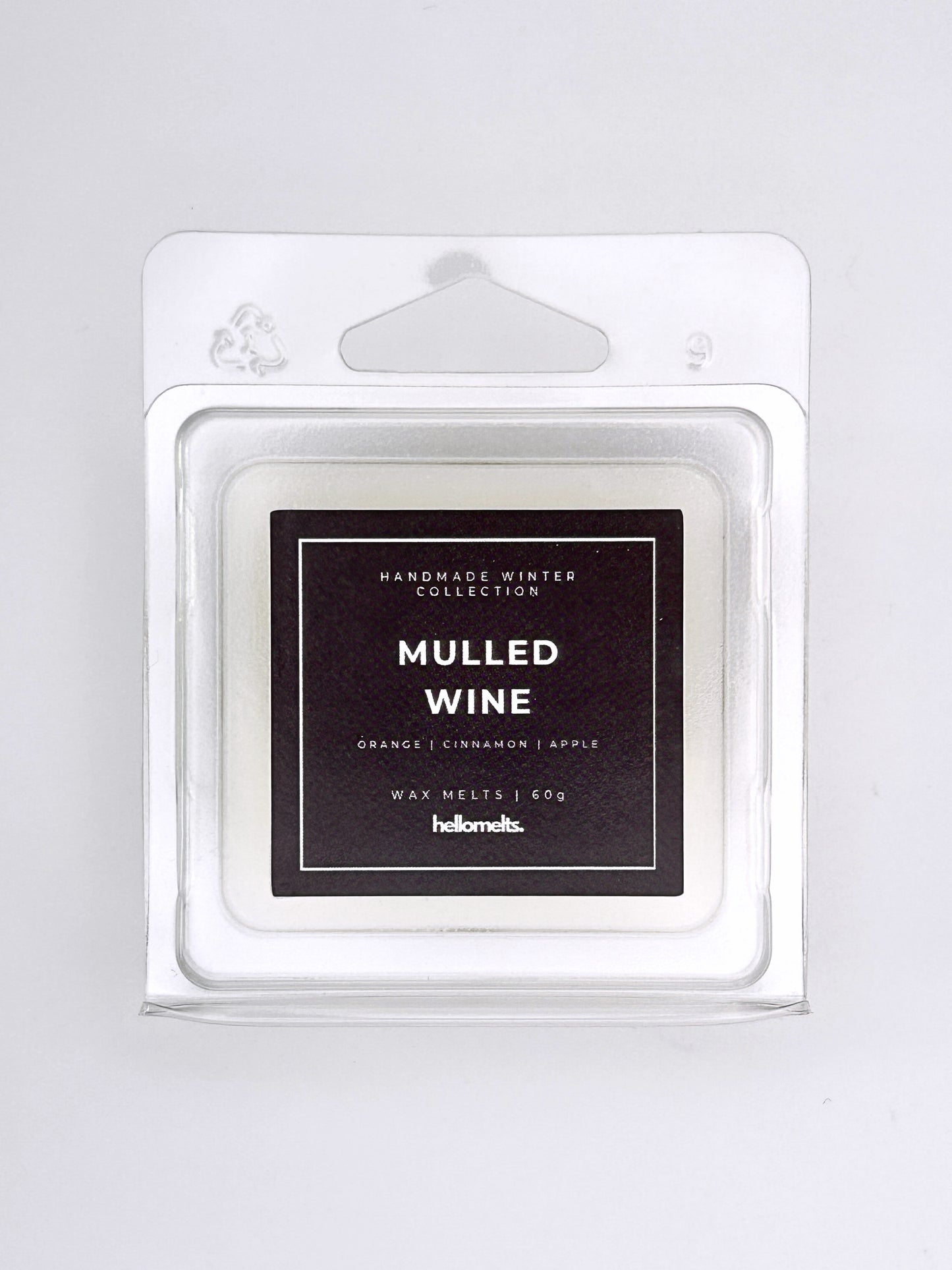 Mulled Wine 60g wax melt label close-up on the clamshell packaging from the Hellomelts Winter Collection