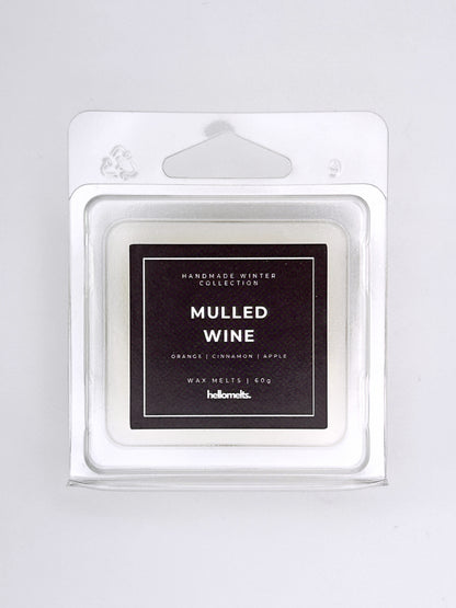 Mulled Wine 60g wax melt label close-up on the clamshell packaging from the Hellomelts Winter Collection