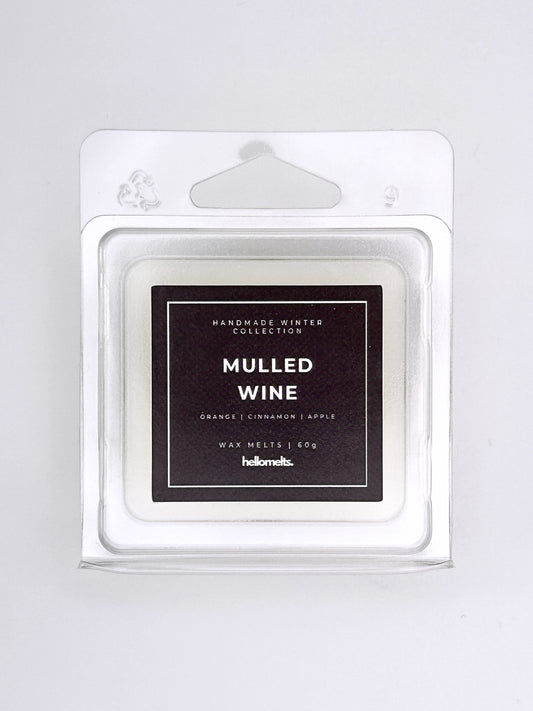 Mulled Wine 60g wax melt label close-up on the clamshell packaging from the Hellomelts Winter Collection