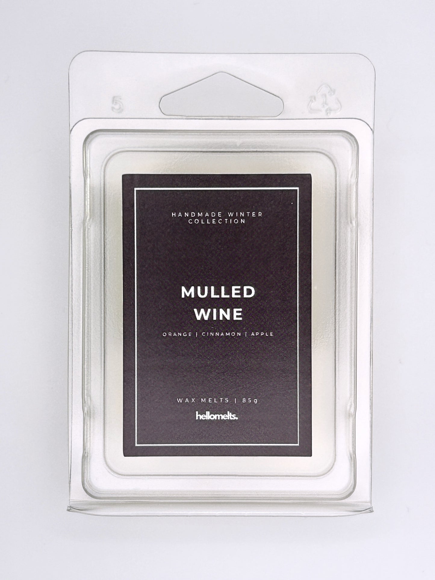 Mulled Wine 85g wax melt label close-up on the clamshell packaging from the Hellomelts Winter Collection