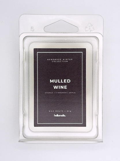 Mulled Wine 85g wax melt label close-up on the clamshell packaging from the Hellomelts Winter Collection
