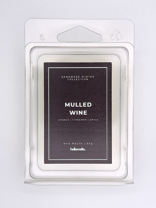 Mulled Wine 85g wax melt label close-up on the clamshell packaging from the Hellomelts Winter Collection