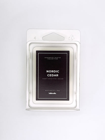 Nordic Cedar 85g wax melt front-facing studio shot showing the clamshell packaging from the Hellomelts Winter Collection