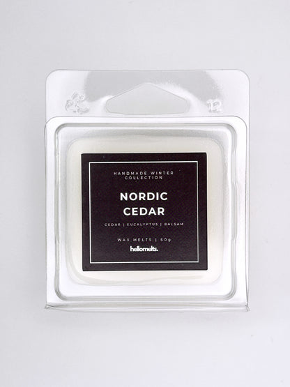 Nordic Cedar 60g wax melt label close-up on the clamshell packaging from the Hellomelts Winter Collection