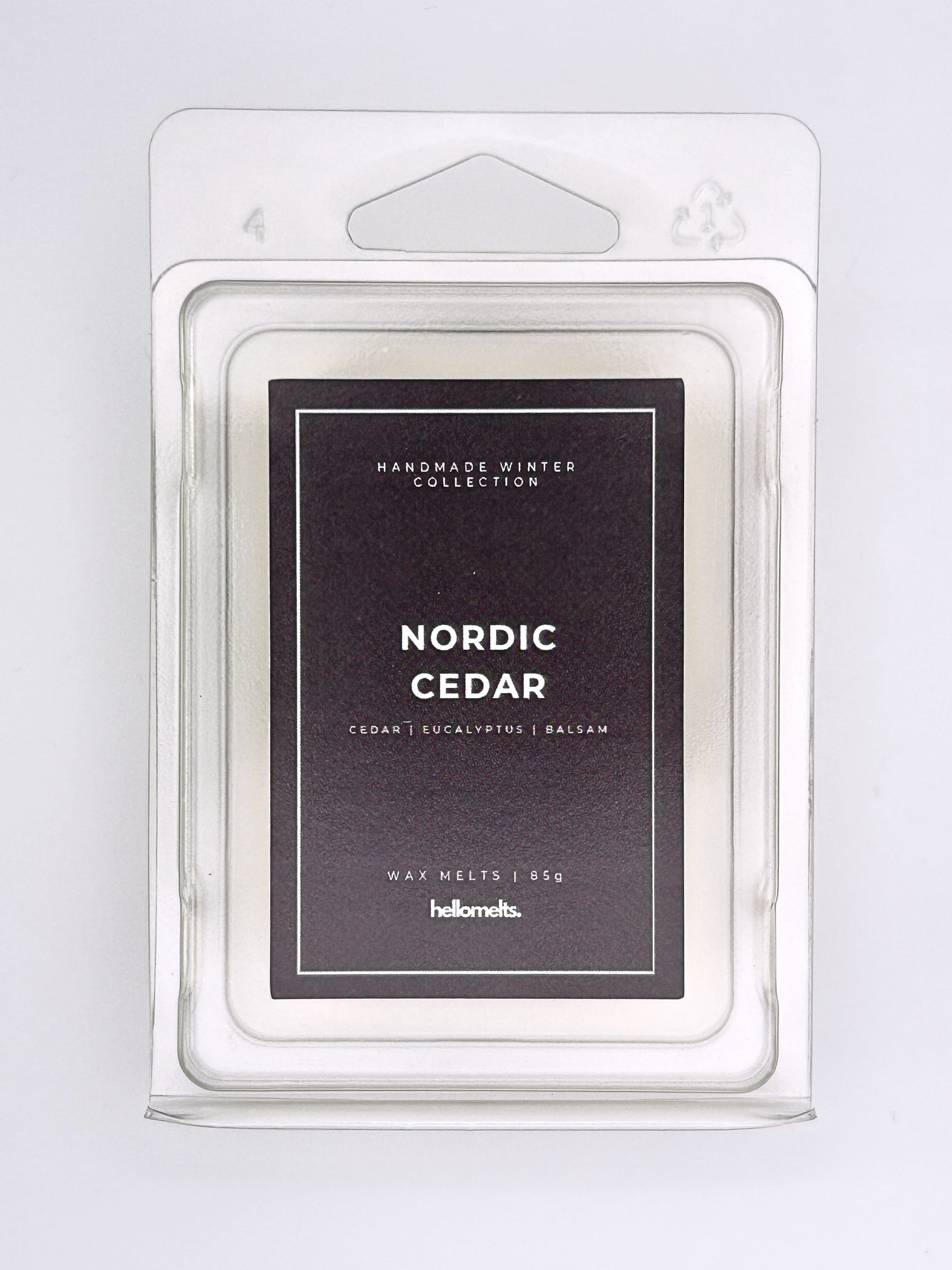 Nordic Cedar 85g wax melt label close-up on the clamshell packaging from the Hellomelts Winter Collection