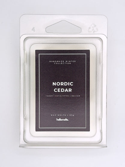 Nordic Cedar 85g wax melt label close-up on the clamshell packaging from the Hellomelts Winter Collection