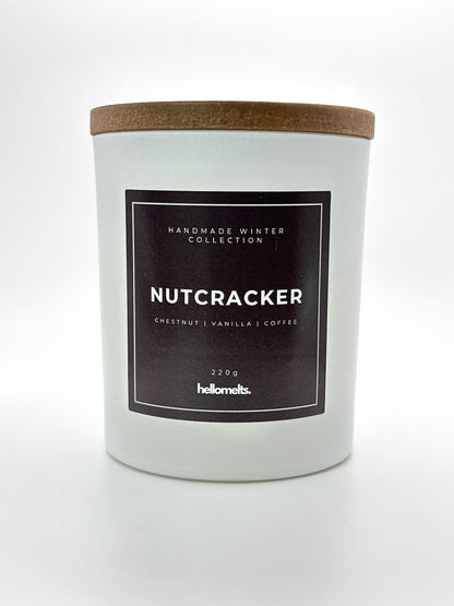 Nutcracker 220g candle front-facing studio shot with wooden lid on, part of the Hellomelts Winter Collection