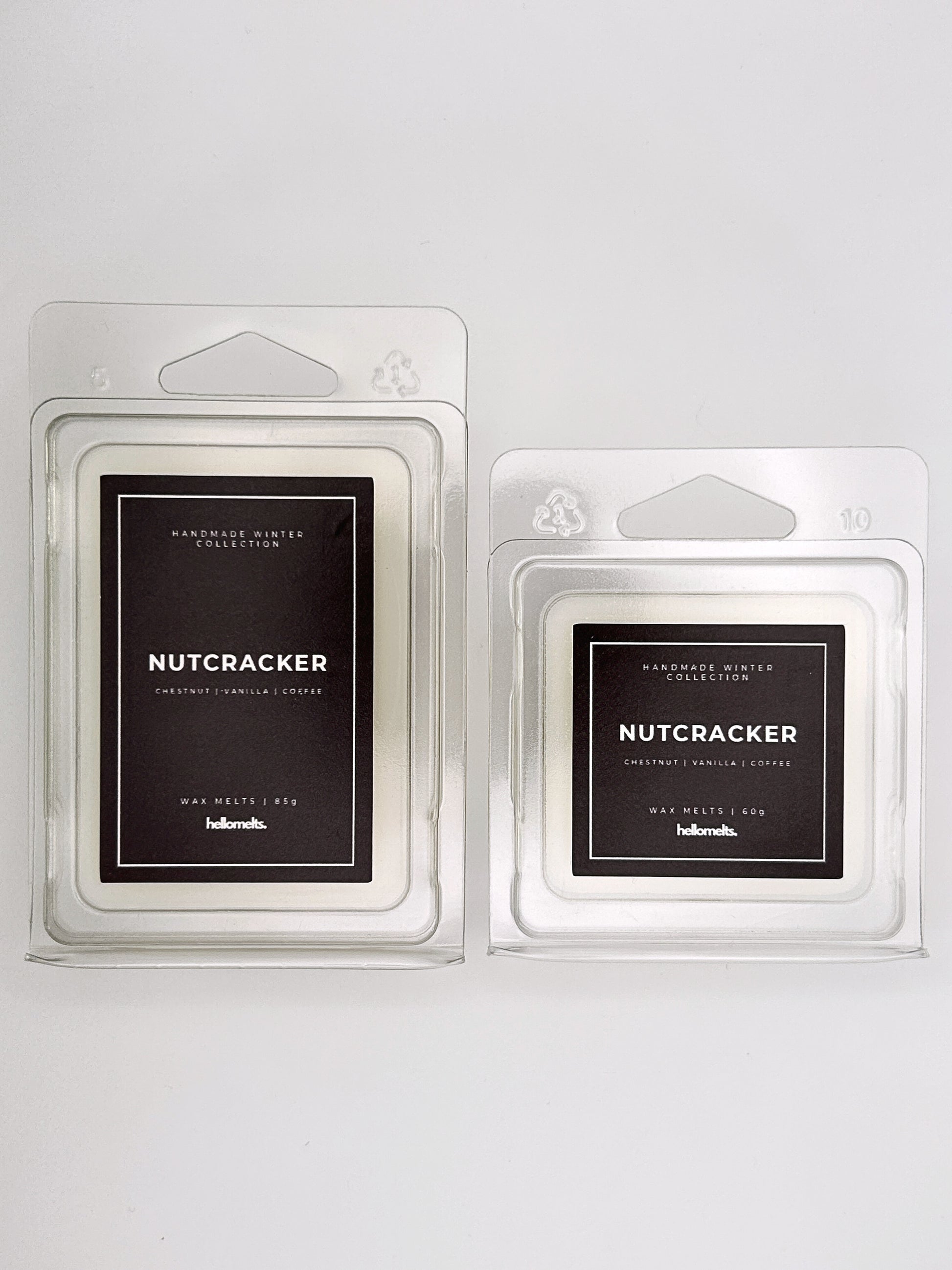 Nutcracker wax melts 85g and 60g shown together as a size comparison in clamshell packaging from the Hellomelts Winter Collection