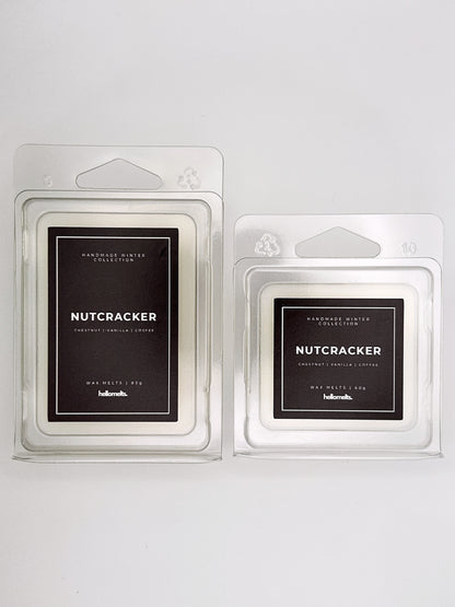 Nutcracker wax melts 85g and 60g shown together as a size comparison in clamshell packaging from the Hellomelts Winter Collection
