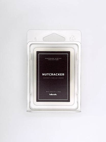 Nutcracker 85g wax melt front-facing studio shot showing the clamshell packaging from the Hellomelts Winter Collection